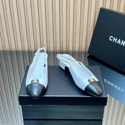 CHANEL 25S SLINGBACK SHOE 45MM IN WHITE CALFSKIN GOLD HARDWARE