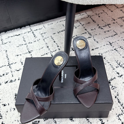 YSL 26S HEELED SANDALS 95 MM IN WINE BROWN CALFSKIN WITH CROSS STRAP
