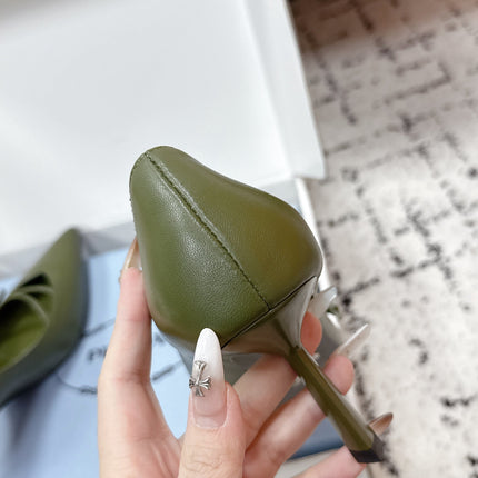 PRADA 26S POINTED-TOE HIGH HEELS 75MM IN DARK OLIVE GREEN CALFSKIN