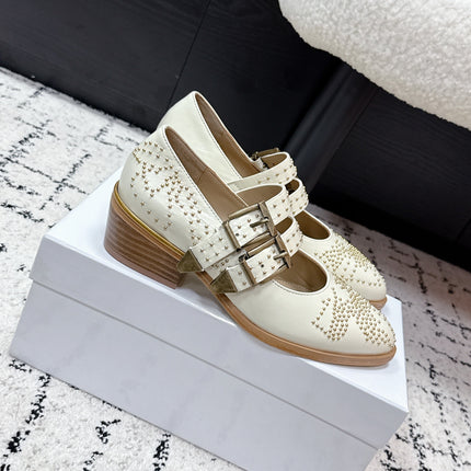 CHLOÉ 26S METAL STUD SHOES IN CREAM WHITE CALFSKIN