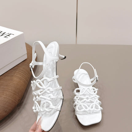 LOEWE 26S SQUARE TOE HEEL SANDALS 50MM IN WHITE CALFSKIN LOGO