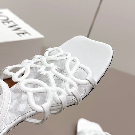 LOEWE 26S SQUARE TOE HEEL SANDALS 50MM IN WHITE CALFSKIN LOGO
