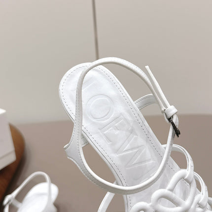 LOEWE 26S SQUARE TOE HEEL SANDALS 50MM IN WHITE CALFSKIN LOGO