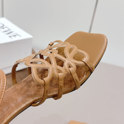 LOEWE 26S SQUARE TOE HEEL SANDALS 50MM IN LIGHT BROWN CALFSKIN LOGO