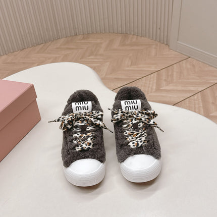 MIUMIU 25S SNEAKERS IN DARK BROWN SHEARLING WITH LEOPARD-PRINT LACES
