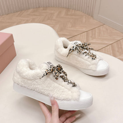 MIUMIU 25S SNEAKERS IN WHITE SHEARLING WITH LEOPARD-PRINT LACES