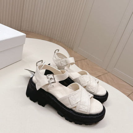 PRADA 26S CROSS STRAP CHUNKY SOLE SANDALS IN WHITE CANVAS