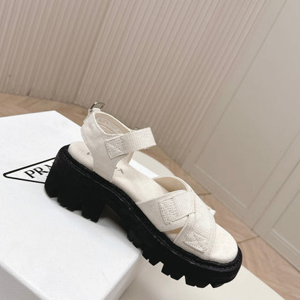 PRADA 26S CROSS STRAP CHUNKY SOLE SANDALS IN WHITE CANVAS