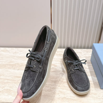 PRADA 26S LACE UP BOAT SHOES IN DARK GRAY SUEDE WITH LACES