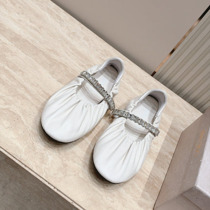 JIMMY CHOO 26S BALLET FLATS IN CREAM WHITE LAMBSKIN WITH CRYSTAL STRAP