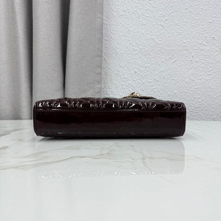 DIOR 26S MEDIUM LADY D-JOY MICRO BAG 26 IN BURGUNDY RED PATENT CANNAGE CALFSKIN GOLD HARDWARE