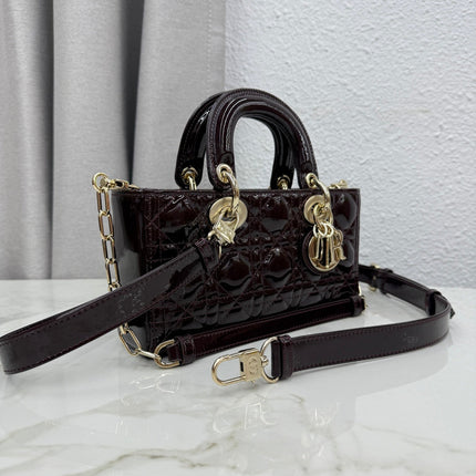 DIOR 26S MEDIUM LADY D-JOY MICRO BAG 22 IN BURGUNDY RED PATENT CANNAGE CALFSKIN GOLD HARDWARE