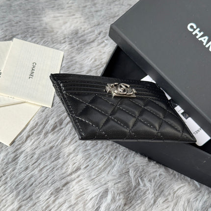 LEBOY CARD HOLDER 11 IN BLACK GRAINED CALFSKIN SILVER-TONE HARDWARE
