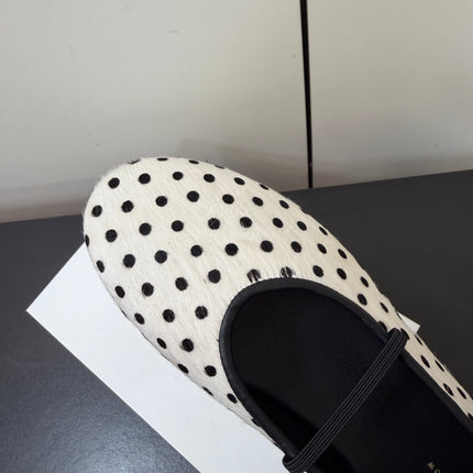 THE ROW 26S BALLET FLATS IN WHITE & BLACK MICRO POLKA DOT CALF HAIR CALFSKIN