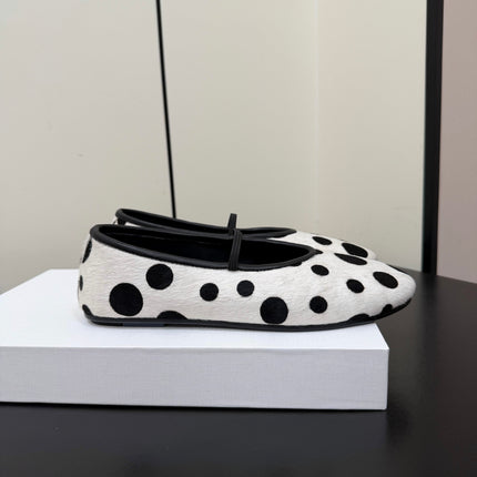 THE ROW 26S BALLET FLATS IN WHITE & BLACK POLKA DOT CALF HAIR CALFSKIN