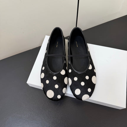 THE ROW 26S BALLET FLATS IN BLACK & WHITE POLKA DOT CALF HAIR CALFSKIN