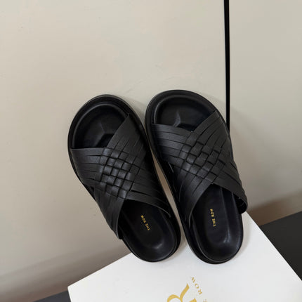 THE ROW 26S CROSS STRAP SANDALS IN BLACK CALFSKIN