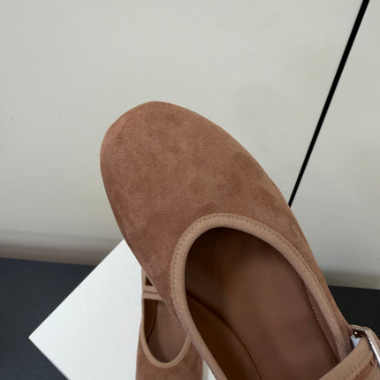 THE ROW 26S MARY JANE BALLET FLATS IN BROWN SUEDE WITH SILVER HARDWARE