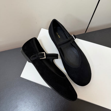 THE ROW 26S MARY JANE BALLET FLATS IN BLACK SUEDE WITH SILVER HARDWARE