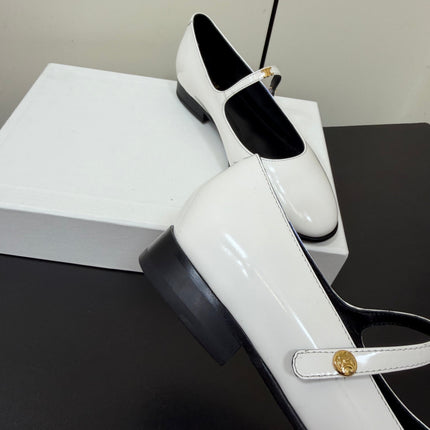 CELINE 26S MARY JANE FLATS IN WHITE GLOSSY CALFSKIN GOLD HARDWARE