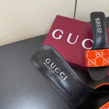 GUCCI 26S MULE SANDALS 55MM IN ORANGE SATIN CRYSTAL GG