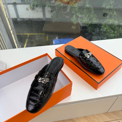 HM 26S DESTIN MULES IN BLACK CROCODILE-EFFECT LEATHER