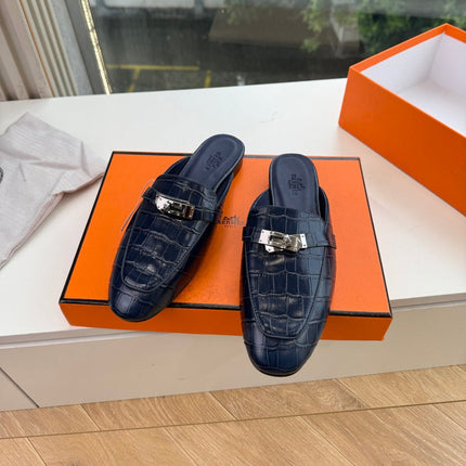 HM 26S DESTIN MULES IN NAVY BLUE CROCODILE-EFFECT LEATHER