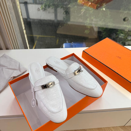 HM 26S DESTIN MULES IN WHITE CROCODILE-EFFECT LEATHER