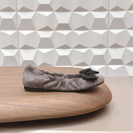 PRADA 26S ROUND TOE FLATS WITH BOW IN TAUPE BROWN SUEDE