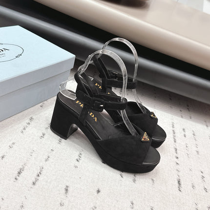 PRADA 26S HEELED SANDALS 75MM IN BLACK SUEDE WITH LOGO