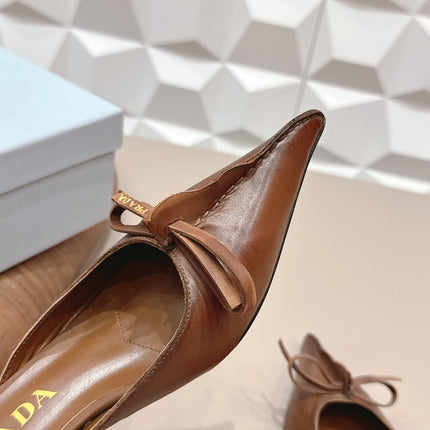 PRADA 26S POINTED TOE LACE TRIM MULES 55MM IN BROWN CALFSKIN WITH BOW