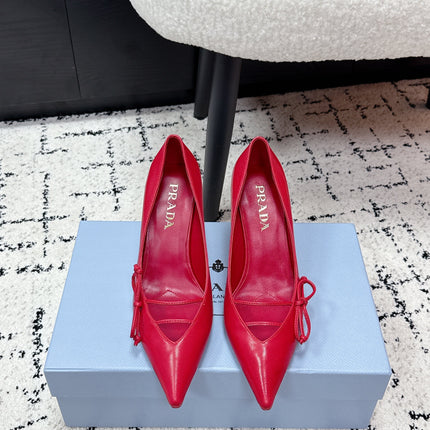 PRADA 26S POINTED-TOE HIGH HEELS 75MM IN DARK RED CALFSKIN