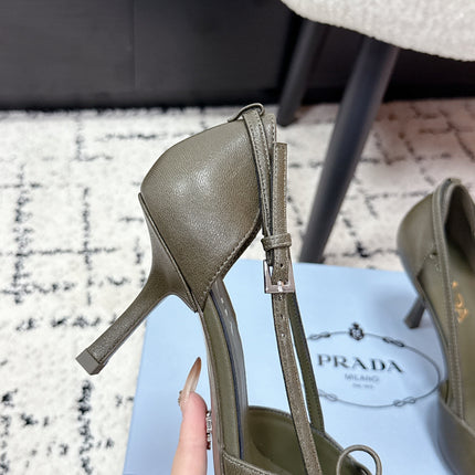 PRADA 26S POINTED-TOE HIGH HEELS 75MM IN OLIVE BROWN CALFSKIN WITH BOW
