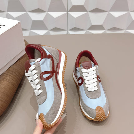 LOEWE 26S FLOW RUNNER SNEAKER IN GRAY AND BLUE SUEDE AND DARK RED CALFSKIN