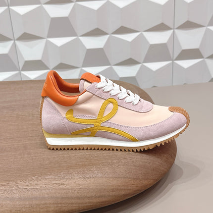 LOEWE 26S FLOW RUNNER SNEAKER IN LIGHT PINK SUEDE AND ORANGE CALFSKIN