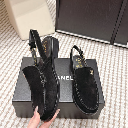 CHANEL 26S SLINGBACK LOAFERS IN BLACK SUEDE