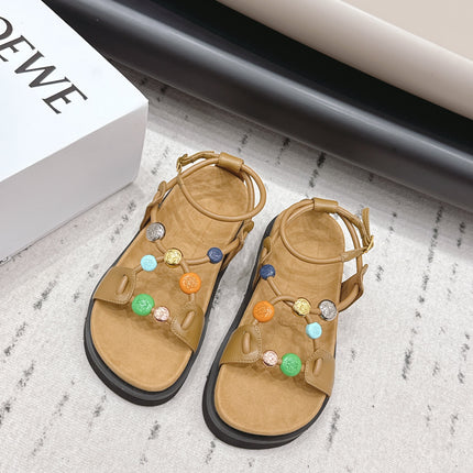 LOEWE 26S ROUND TOE WEDGE SANDALS 30MM IN TAN BROWN CALFSKIN AND SUEDE