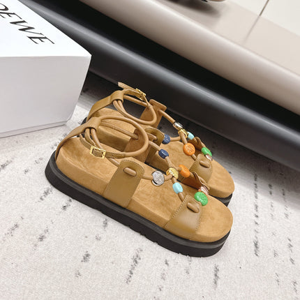LOEWE 26S ROUND TOE WEDGE SANDALS 30MM IN TAN BROWN CALFSKIN AND SUEDE