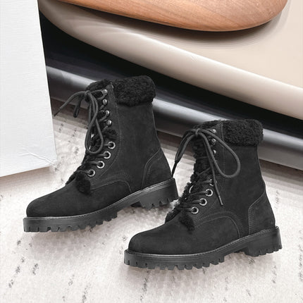 CELINE 26S LACE UP ANKLE BOOTS 40 MM IN BLACK SUEDE AND SHEARLING