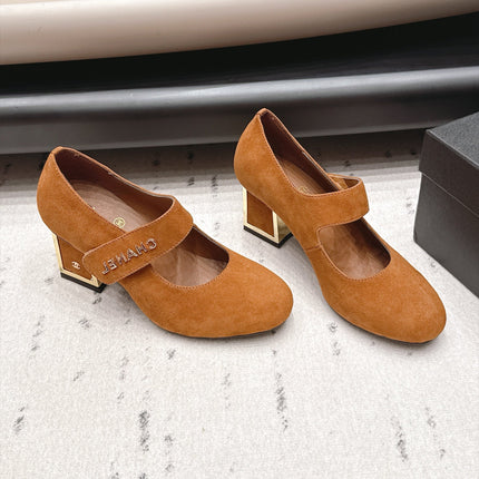 CHANEL 26S MARY JANE BLOCK HEEL PUMPS 80 MM IN BROWN SUEDE