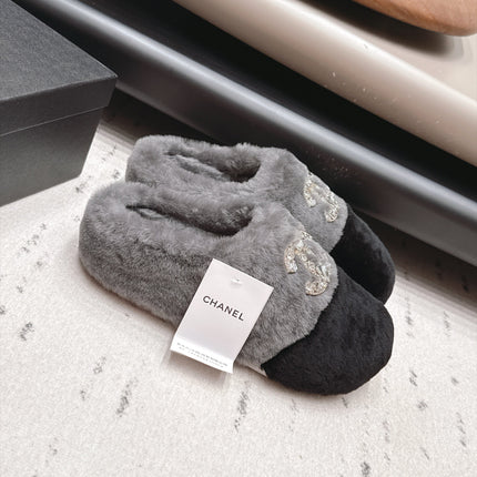 CHANEL 26S MULES IN GREY AND BLACK SHEARLING WITH ROUND TOE