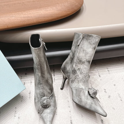 PRADA 26S POINTED TOE HEEL ANKLE BOOTS 75MM IN GRAY CALFSKIN WITH FLORAL