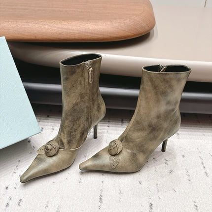 PRADA 26S POINTED TOE HEEL ANKLE BOOTS 75MM IN CHAMPAGNE GOLD CALFSKIN WITH FLORAL