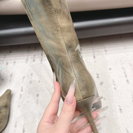 PRADA 26S POINTED TOE HEEL KNEE HIGH BOOTS 75MM IN CHAMPAGNE GOLD CALFSKIN WITH FLORAL