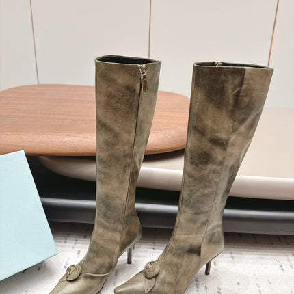 PRADA 26S POINTED TOE HEEL KNEE HIGH BOOTS 75MM IN CHAMPAGNE GOLD CALFSKIN WITH FLORAL