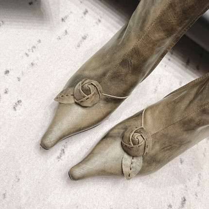 PRADA 26S POINTED TOE HEEL KNEE HIGH BOOTS 75MM IN CHAMPAGNE GOLD CALFSKIN WITH FLORAL