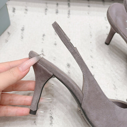 PRADA 26S POINTED TOE SLINGBACK HEEL PUMPS 80MM IN TAUPE BROWN SUEDE WITH FLORAL