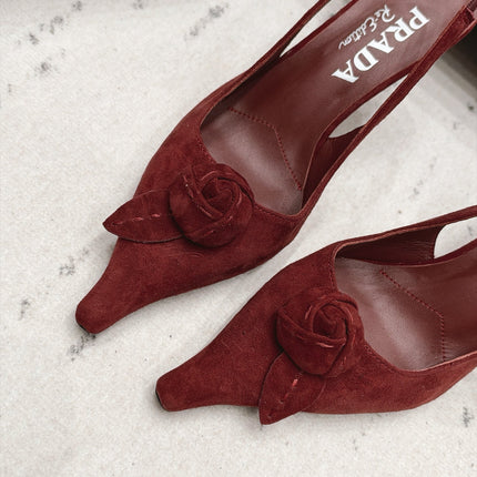 PRADA 26S POINTED TOE SLINGBACK HEEL PUMPS 80MM IN BURGUNDY RED SUEDE WITH FLORAL