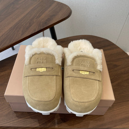 MIUMIU 25S MULES SLIPPERS SHEEPWOOL IN LIGHT BROWN SUEDE