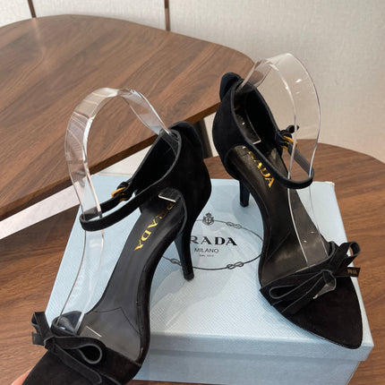 PRADA 26S HIGH HEEL SANDALS 85MM IN BLACK SUEDE WITH BOW